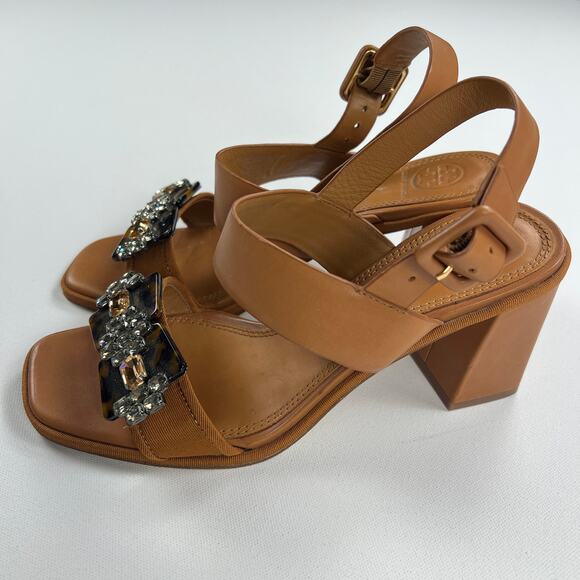 Tory Burch Delaney Embellished Sandal Camel Brown Tortoise Crystal Size 7.5M - Picture 2 of 11